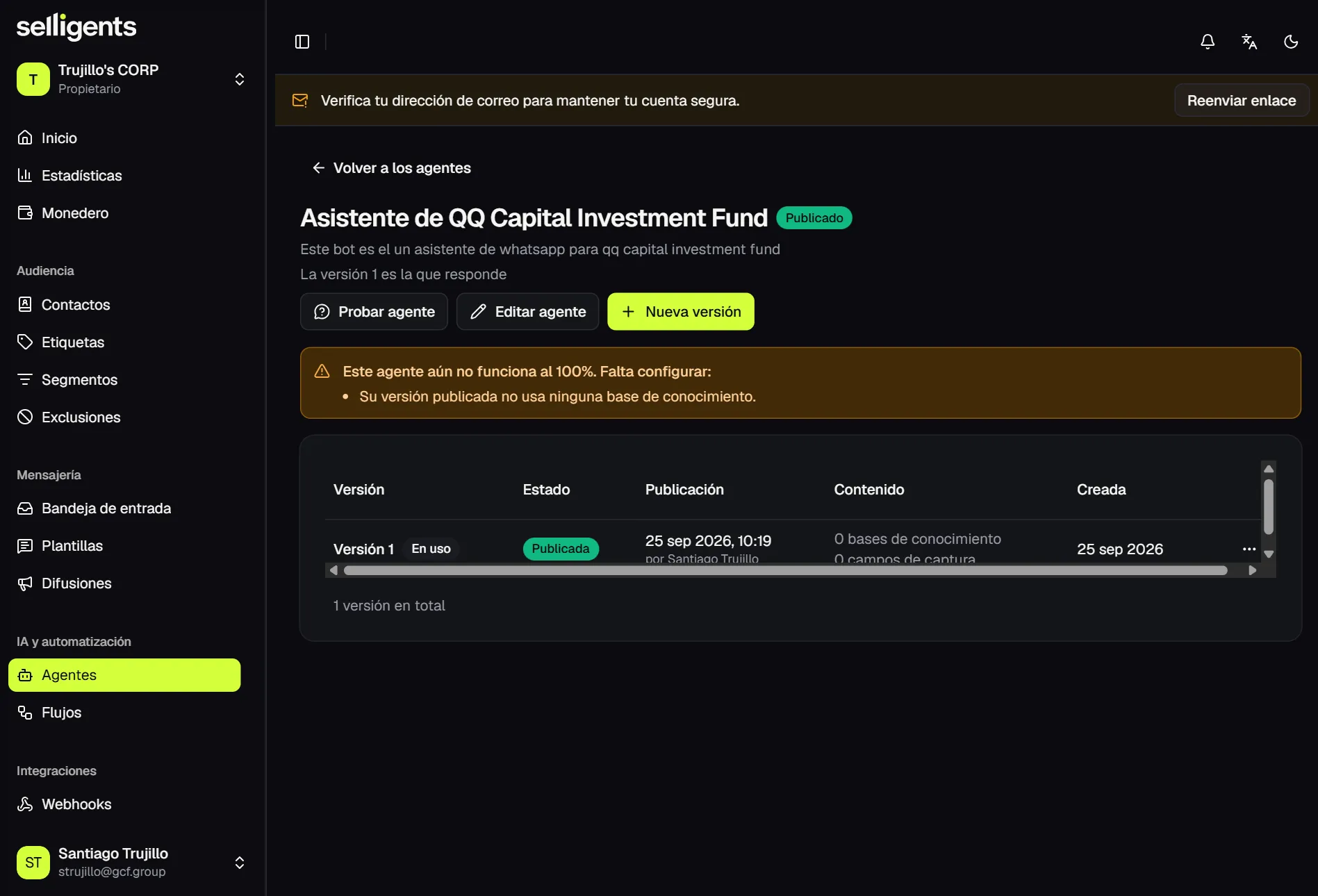 Agent detail page showing which version is answering, the Test agent, Edit agent and New version actions, a warning about missing setup, and the versions table.