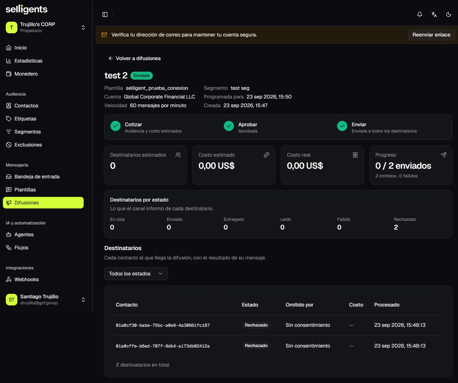 Broadcast detail page with the Quote, Approve and Send steps completed, estimated and actual cost, recipients by status, and a recipients table where two contacts were skipped for lack of consent.