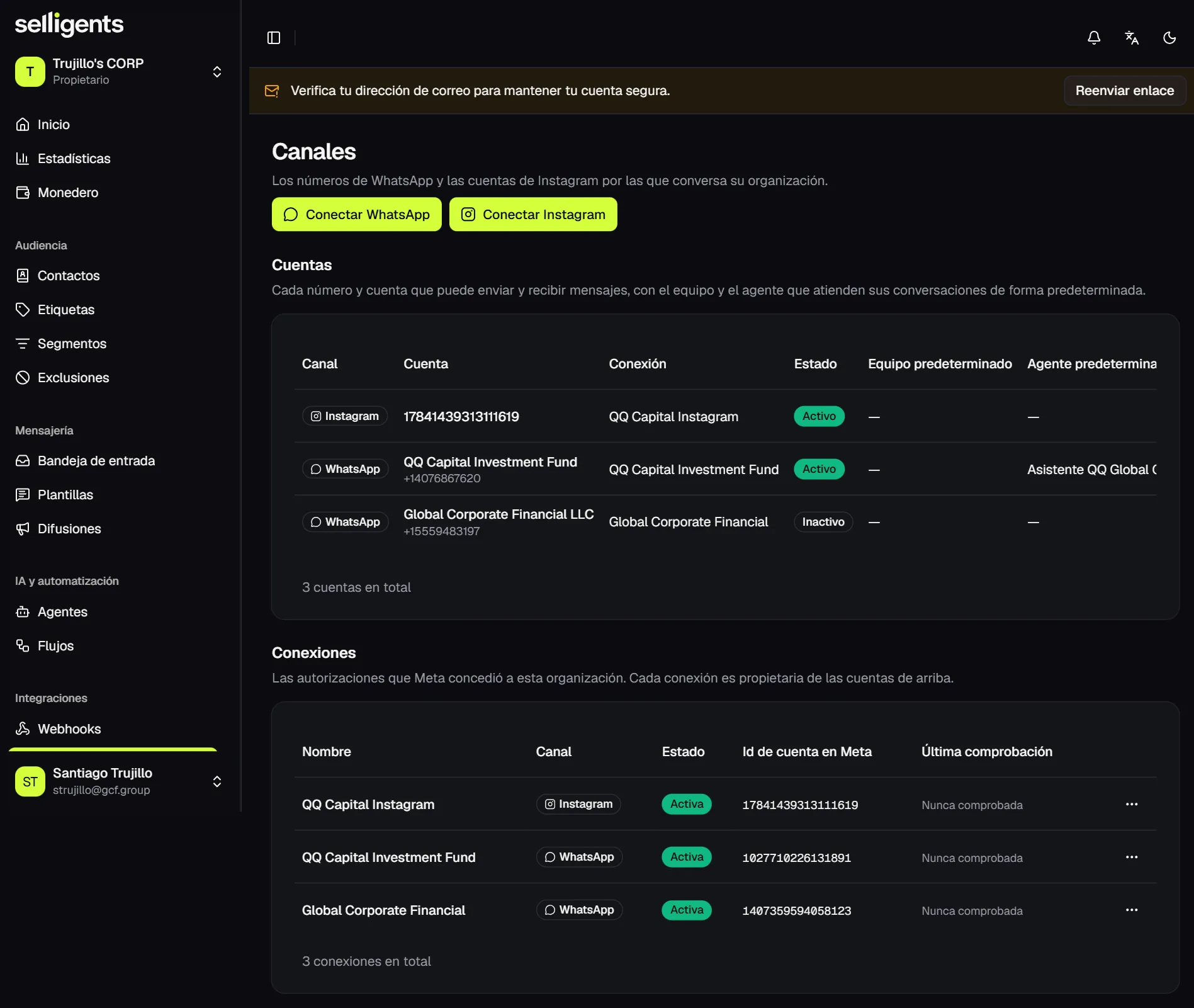 Channels page with buttons to connect WhatsApp and Instagram, an accounts table showing channel, account, connection, status, default team and default agent, and a connections table with the status of each Meta authorization.