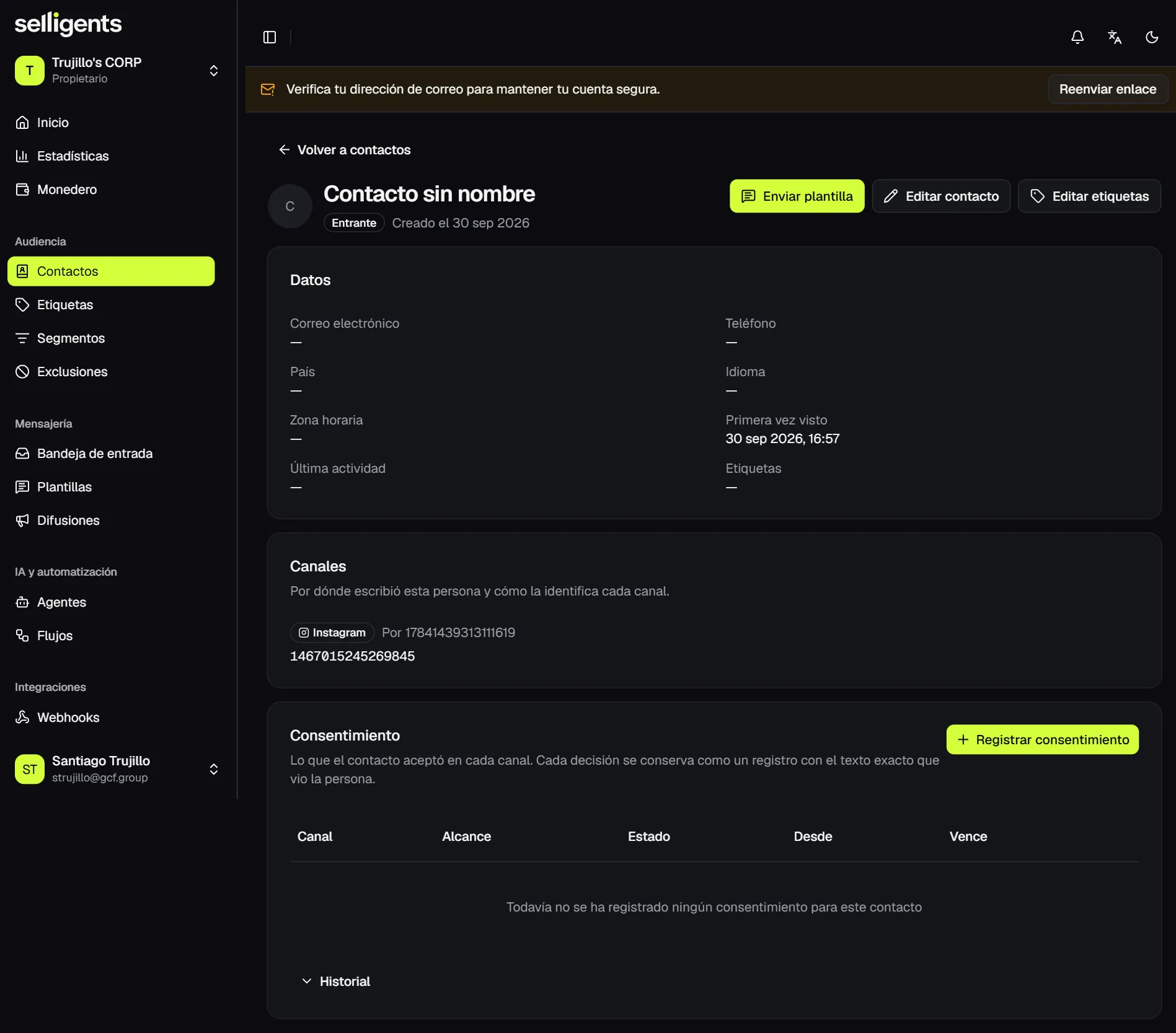 Contact detail page with the data of the contact, the channels it has written through, the consent records, and actions to send a template, edit the contact and edit its tags.