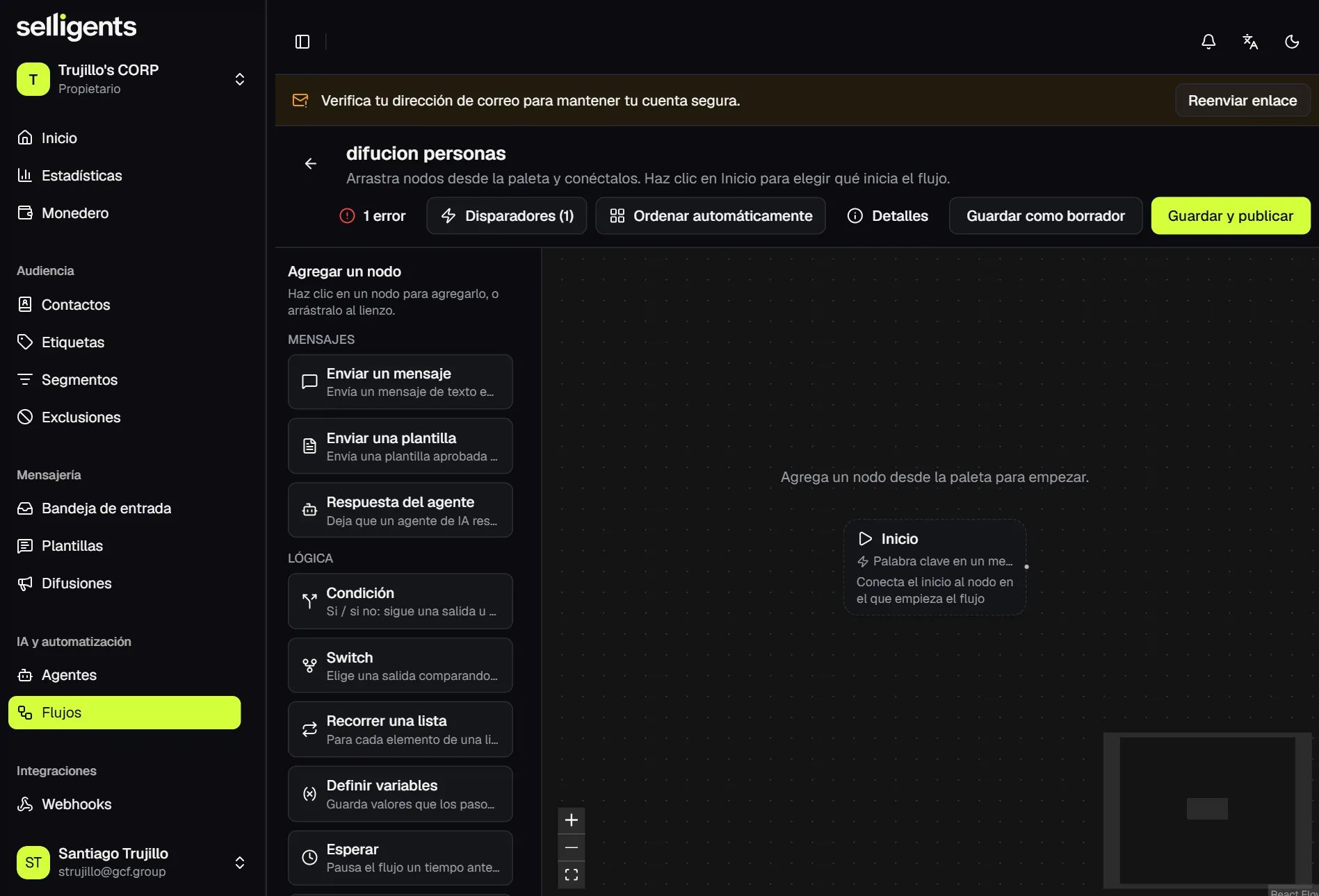Flow editor with the node panel listing message and logic nodes, a canvas with the start node, and the toolbar with the issue count, triggers, auto-arrange, save as draft and save and publish actions.