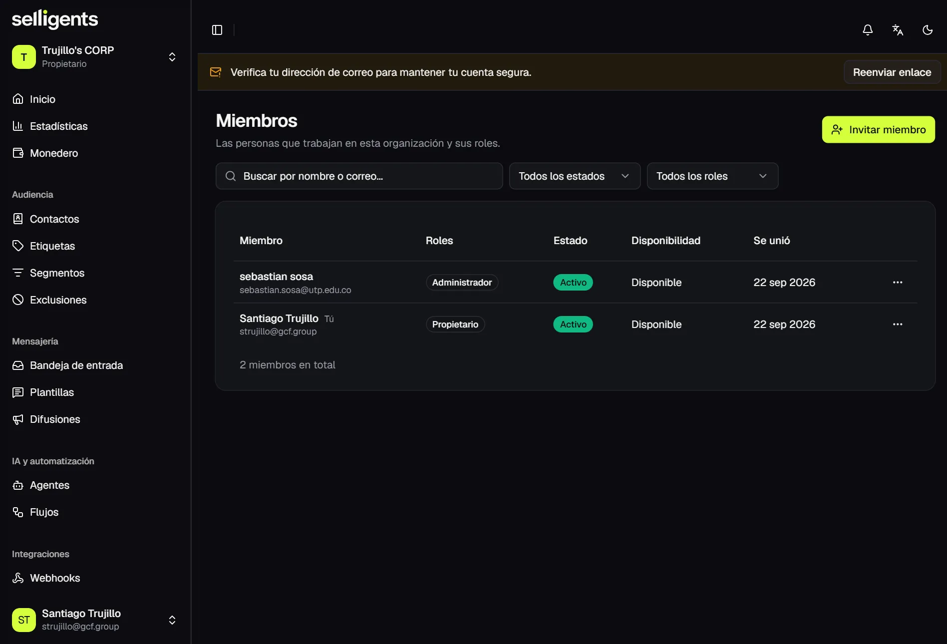Members list with search, status and role filters, and a table showing the name, email, role, status, availability and join date of each member.