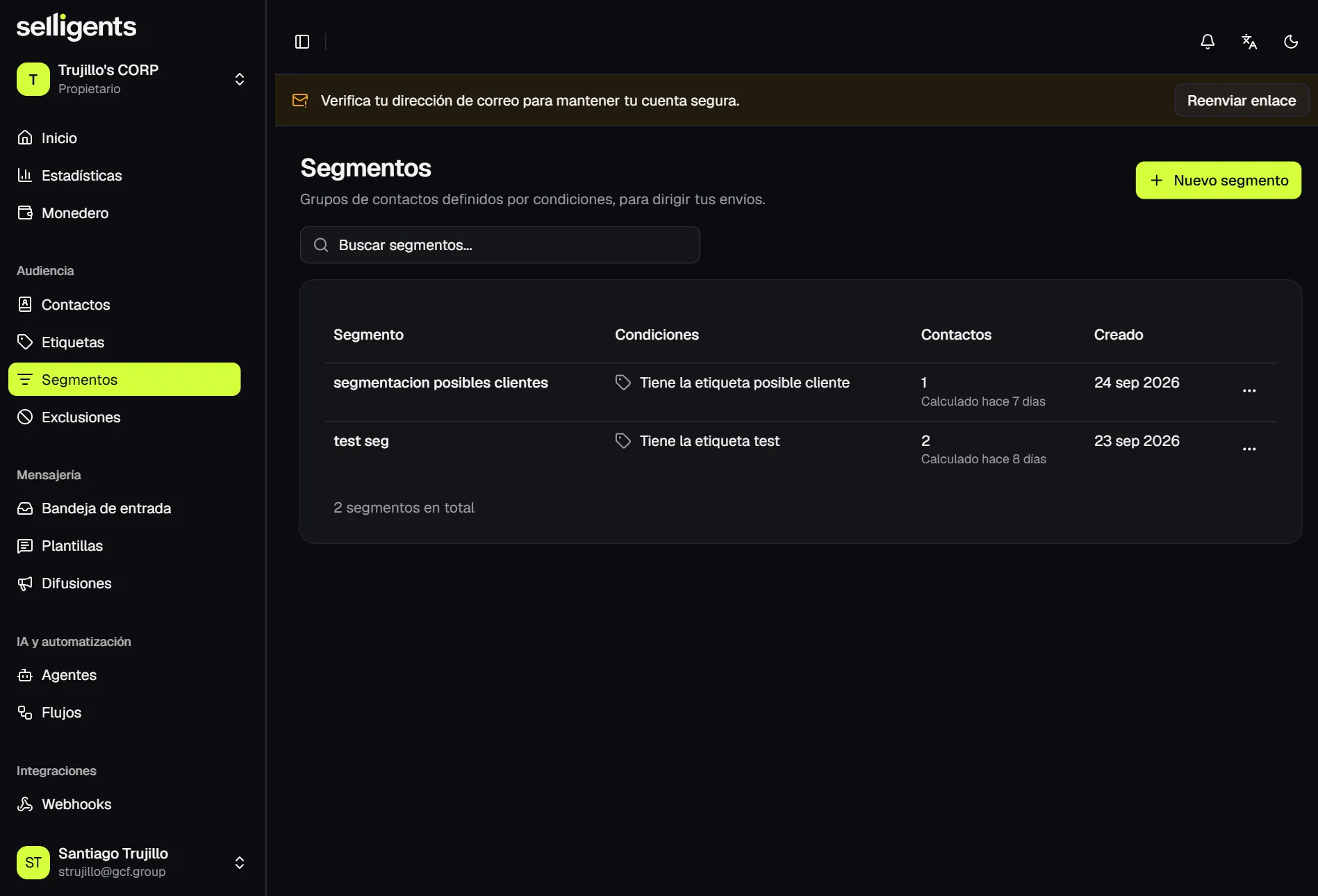 Segments list showing the name of each segment, its conditions written in words, the number of matching contacts with the time of the last count, and the creation date.
