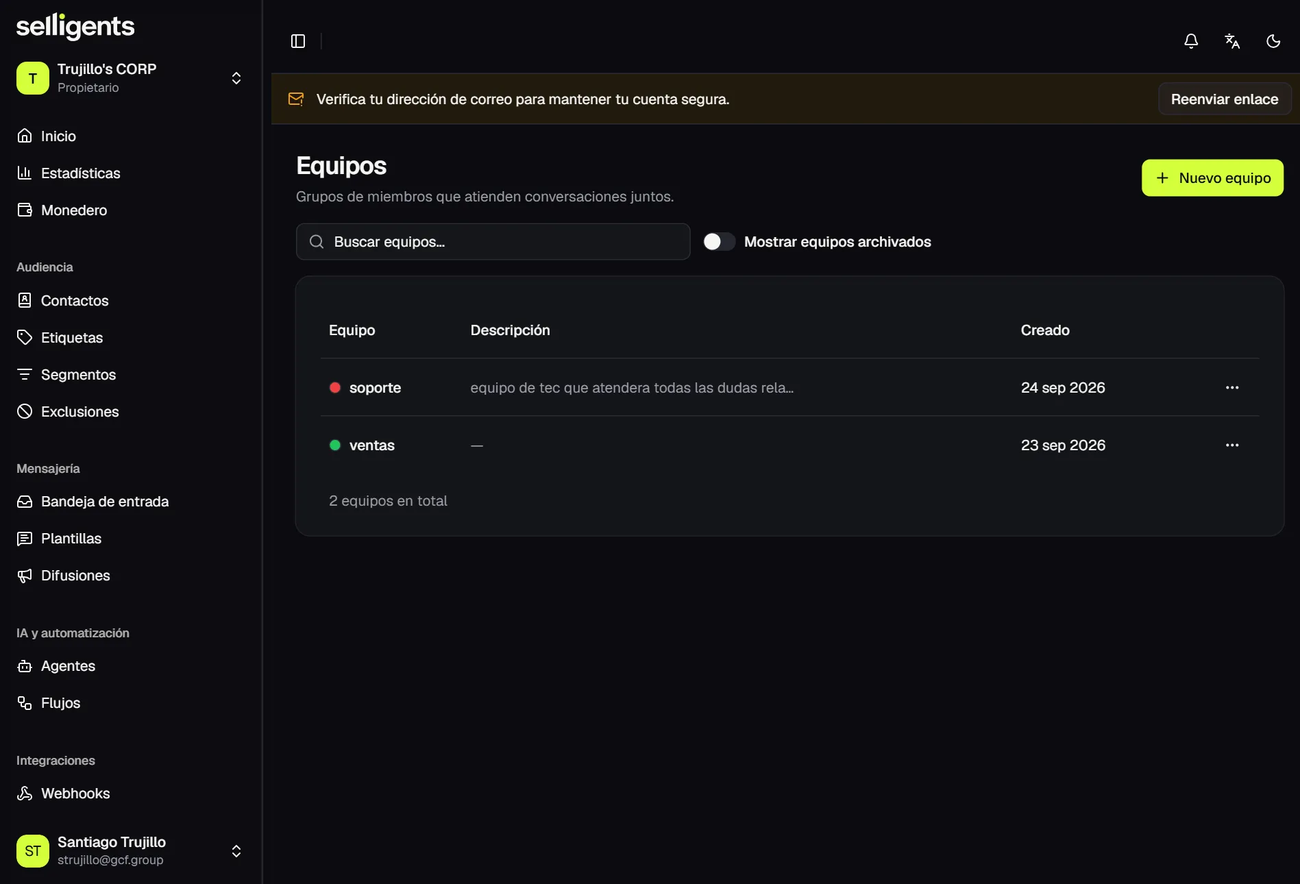 Teams list showing the color, name, description and creation date of each team, with a toggle to show archived teams.