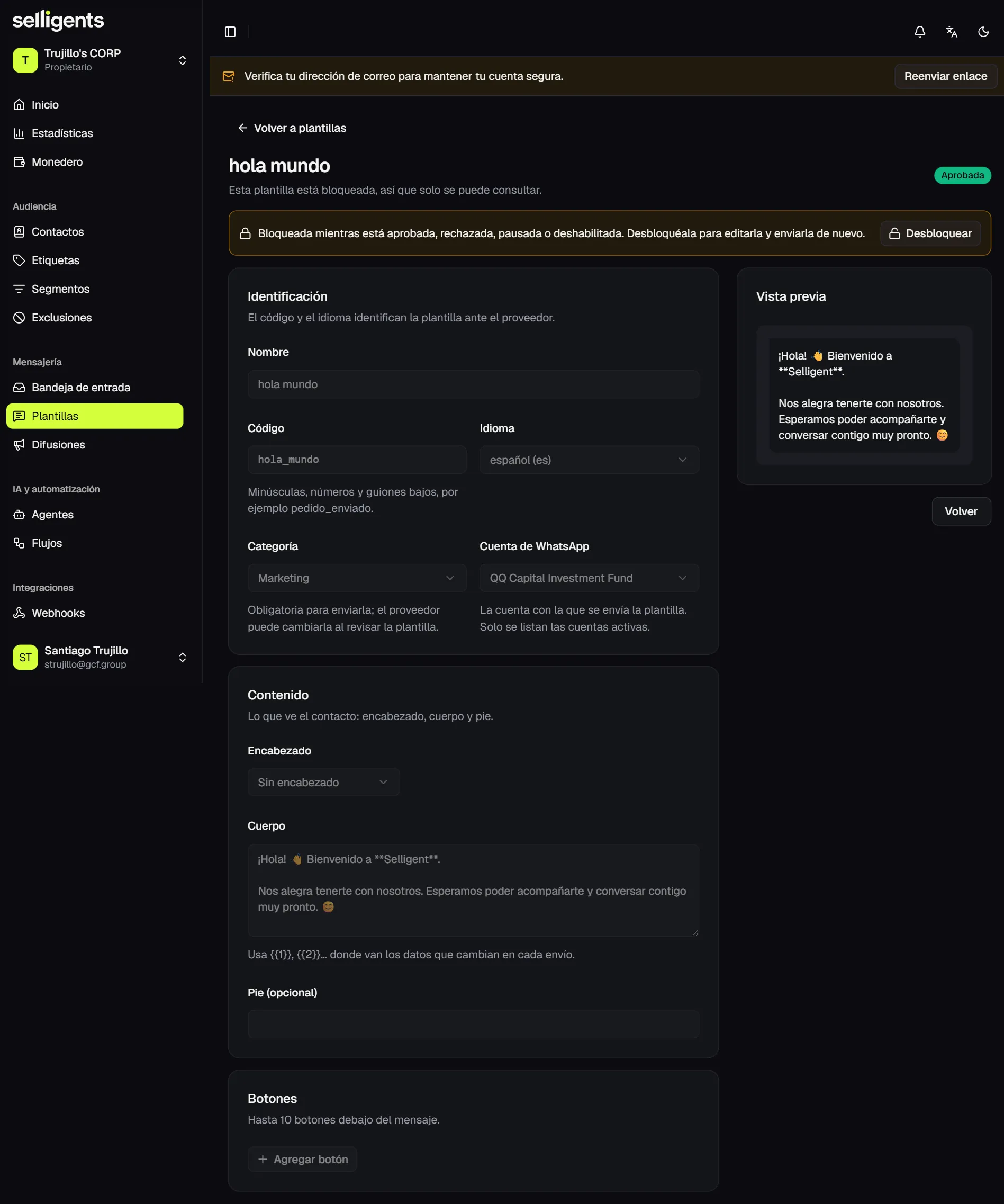 Template editor with the identification fields (name, code, language, category and WhatsApp account), the content fields (header, body and footer), the buttons section and a live preview of the message.