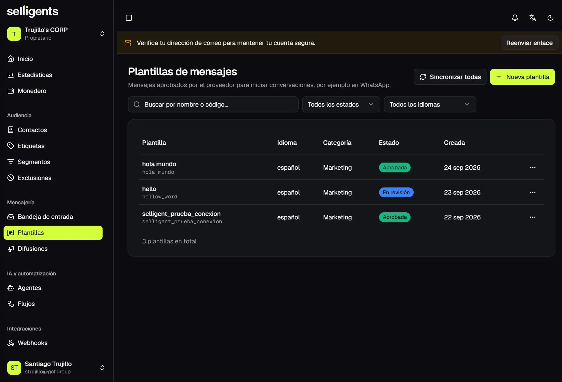 Templates list showing the name and code, language, category and status of each template, with the Sync all and New template actions.