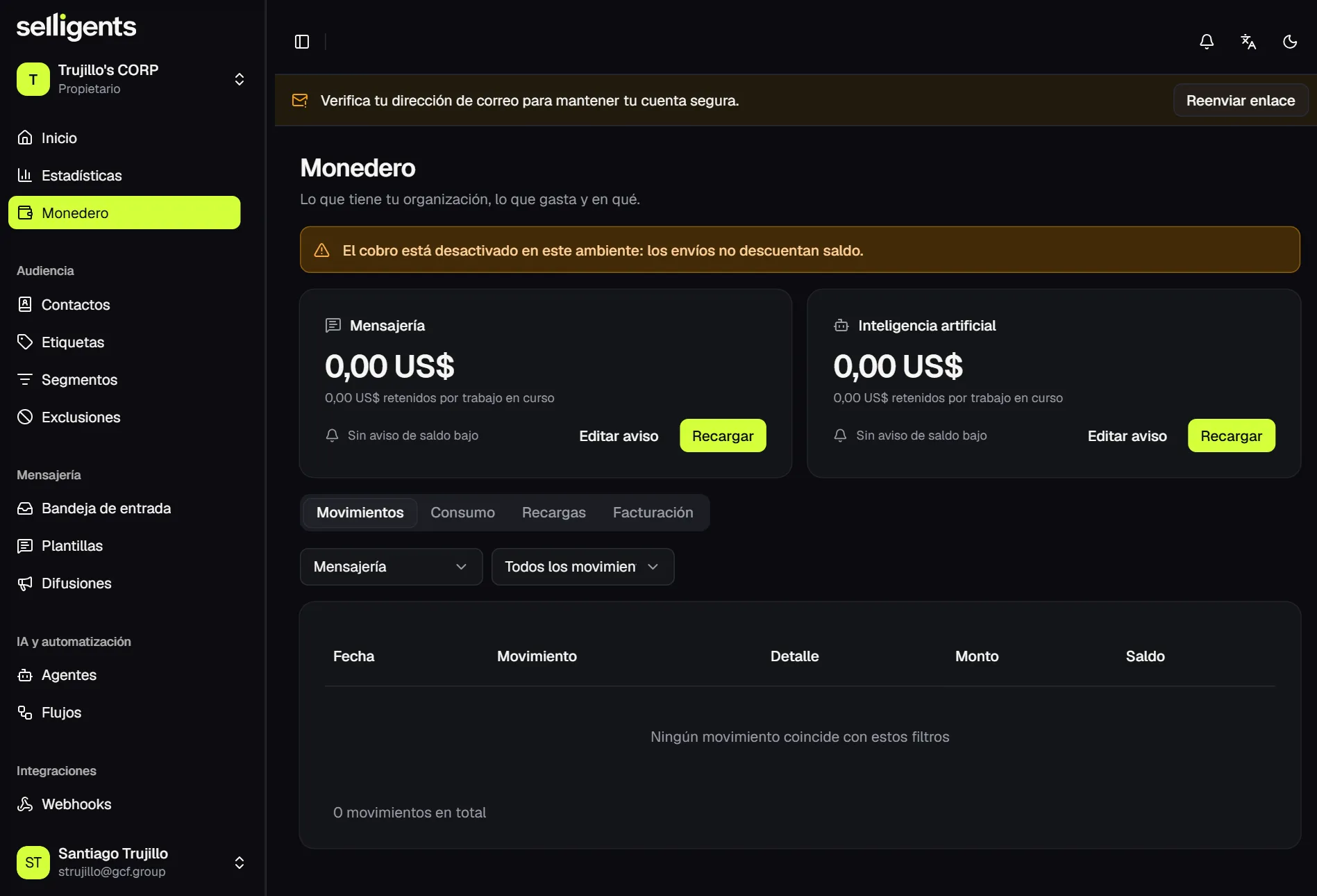 Wallet page with the messaging and artificial intelligence balances, each showing its held amount, low-balance alert and top up action, above the movements table with its filters.