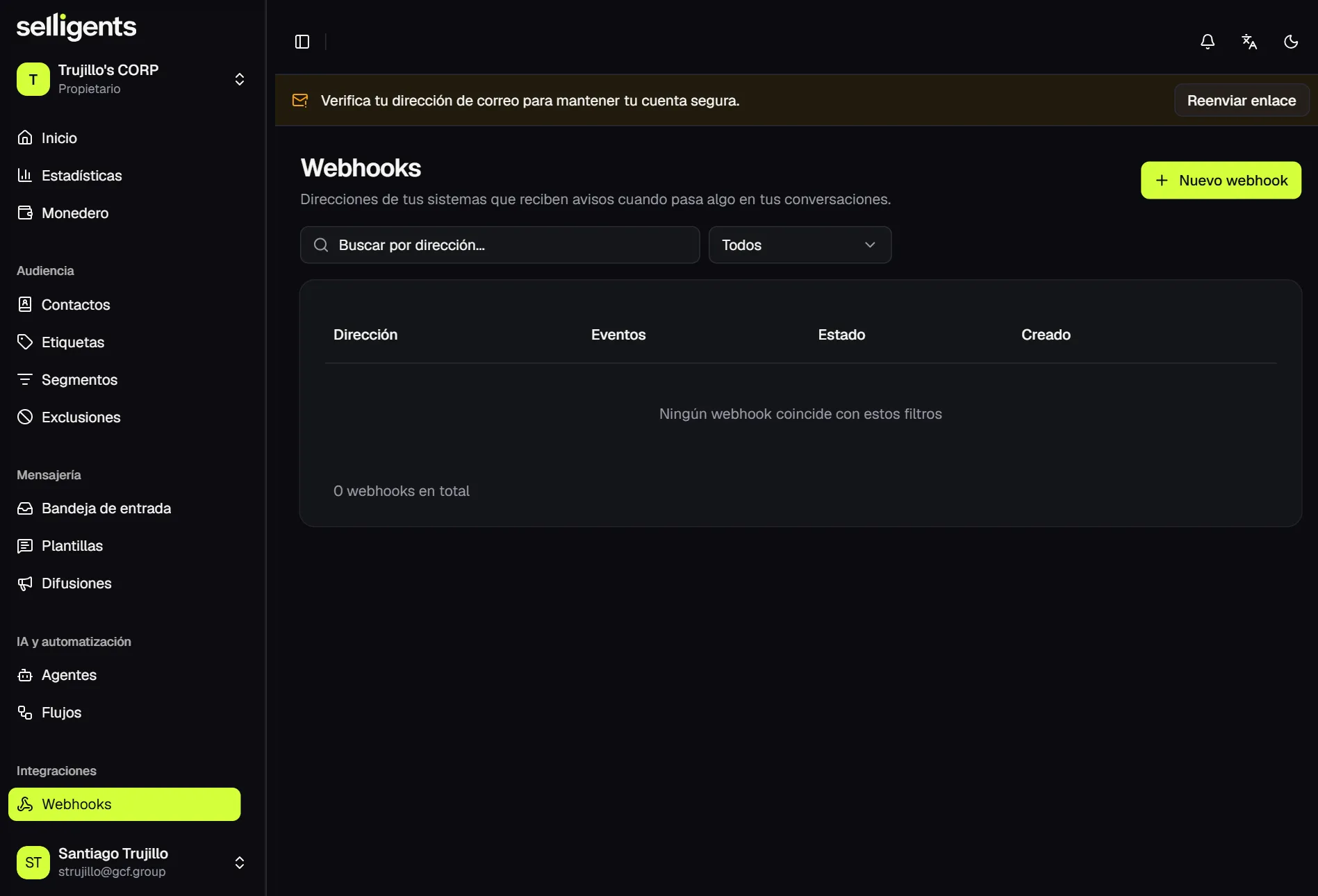 Webhooks page with a search box, a status filter, and a table with columns for address, events, status and creation date.